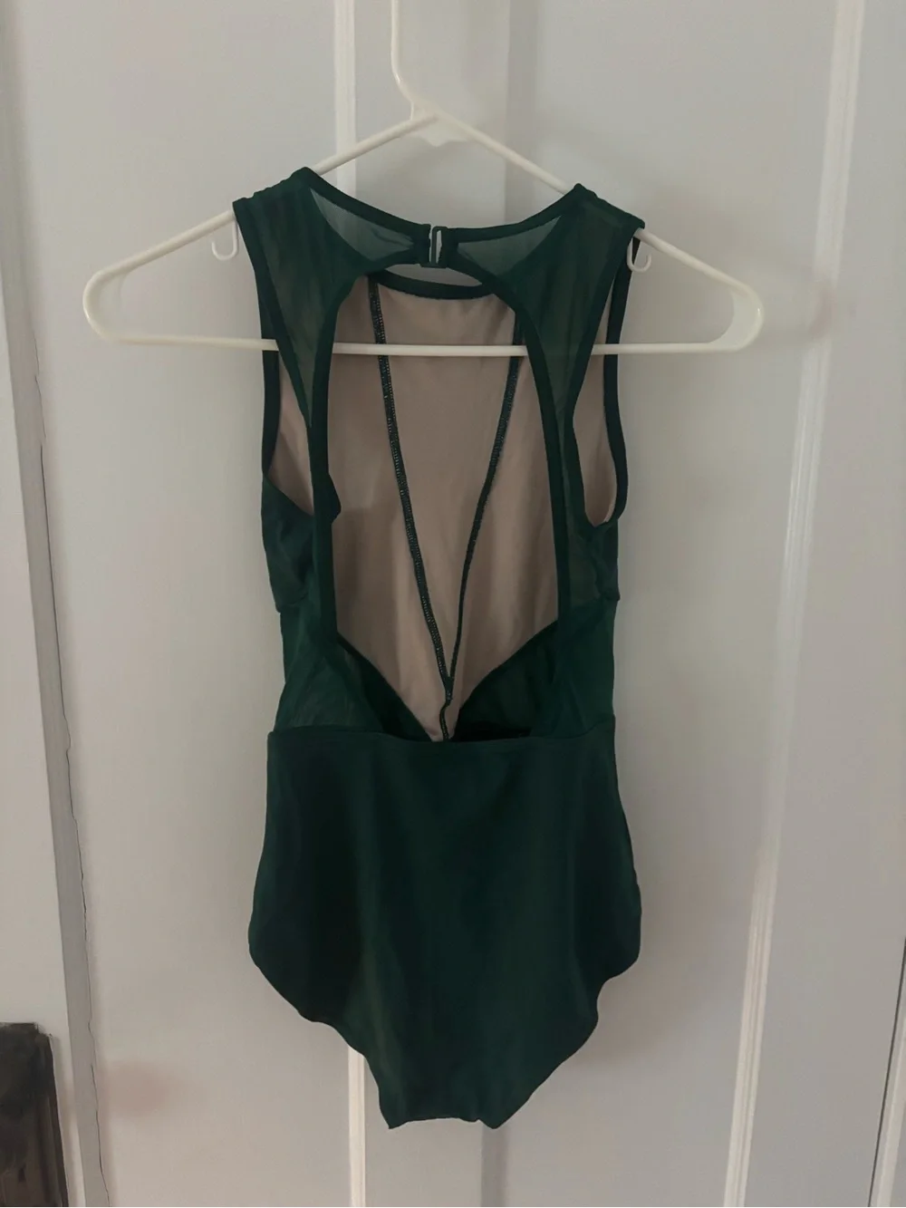 Womens Forest Green Mesh-Accent Leotard